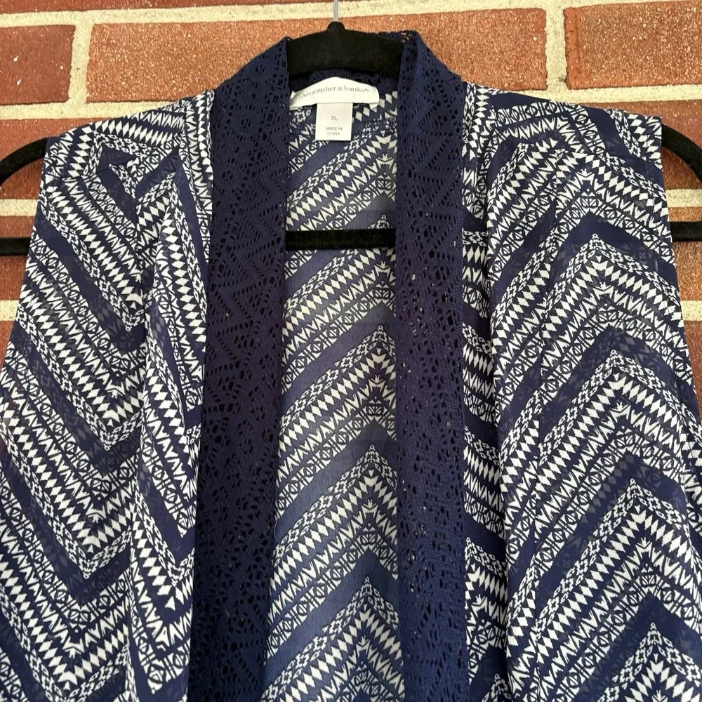 Christopher & Banks Blue White Print Open Vest Shrug Women's XL A3723